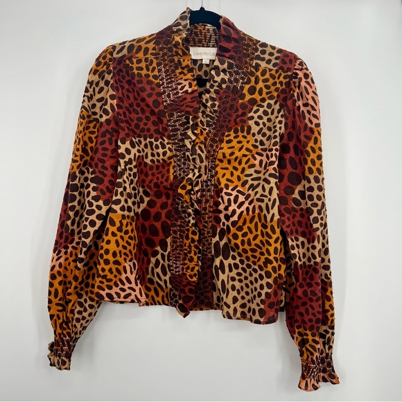 Love The Label Anthropologie Zuri Top Dotted Leopard Ruffle Button Shirt L - Picture 9 of 15